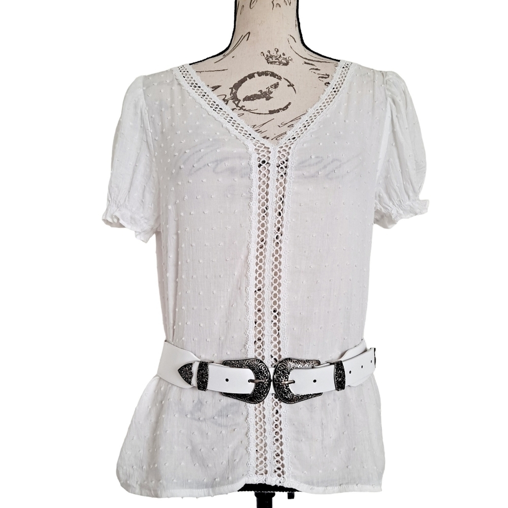 Western Coastal cowgirl Silver double buckle white stretch faux leather belt - Picture 3 of 8